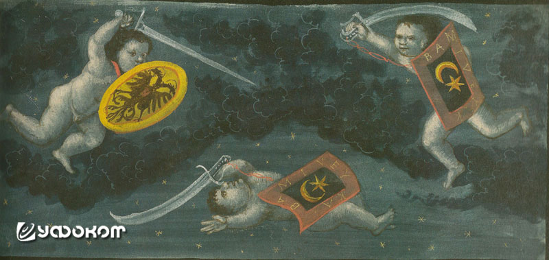 «В 1536 году доктор Иоганн Дольцбургер видел это чудо в небесах над Мединой в Испании. В седьмую ночь февраля, когда он готовился к вычислению времени при помощи искусства астрономии, появилось видение, в точности как изображено на рисунке».