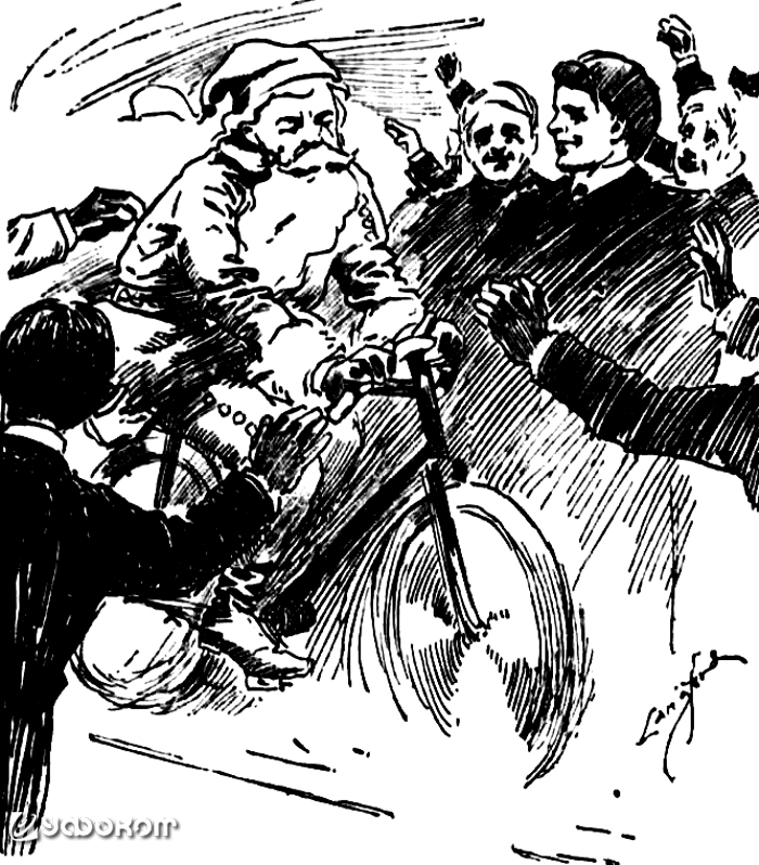 «Полицейский судья Кэмпбелл в роли Санта-Клауса» – рисунок из газеты «Examiner» (Сан-Франциско) от 24 декабря 1896 года. К концу 1890-х годов велоспорт становится общенациональным увлечением и двухколесные машины интересуют рядовых американцев не меньше, 