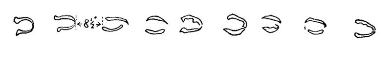 Зарисовка цепочки следов, присланная преподобному Эллакомбу одним из очевидцев (Brown T. Devon Ghosts. Norwich, 1982, p. 49).