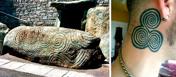 Слева: спиральный узор на входном камне в культовое сооружение Ньюгрейндж (Ирландия), справа: современная татуировка кельтского символа на шее.