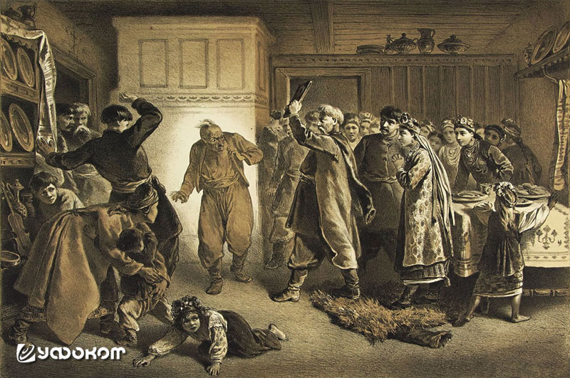 Трутовский Константин Александрович (1826–1893) «Свадьба. Появление колдуна». Иллюстрация к повести Н.В. Гоголя «Страшная месть» (1874). По сюжету, во время свадьбы сына старый есаул Горобець выносит иконы, чтобы благословить ими молодых. Один из гостей к Трутовский Константин Александрович (1826–1893) «Свадьба. Появление колдуна». Иллюстрация к повести Н.В. Гоголя «Страшная месть» (1874). По сюжету, во время свадьбы сына старый есаул Горобець выносит иконы, чтобы благословить ими молодых. Один из гостей к