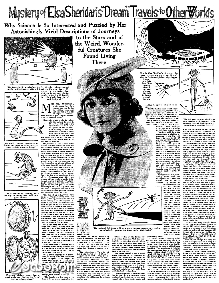 Статья о «духовных путешествиях во сне» с рисунками Эльзы Шеридан в газете «Philadelphia Inquirer» за 28 мая 1922, стр. 71.