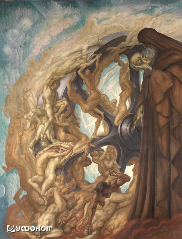«Колесо мира» Жана Дельвиля (1940). Человеческие фигуры в колесе «Повелителя Кармы» изображают духовный прогресс в цикле жизней: внизу отражены темы страдания, чувственности и преступления; выше появляются любовь, материнство; в эмпирее на вершине души го