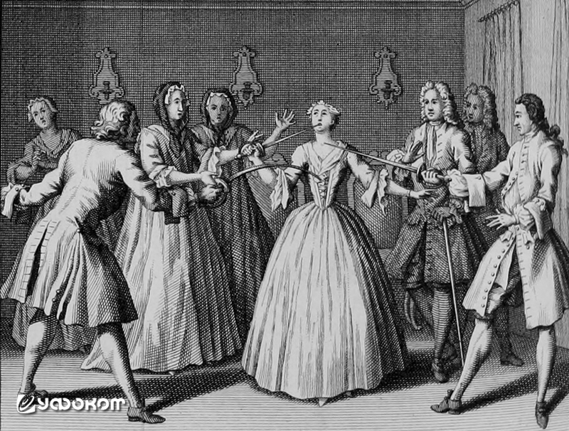 Габриэль Моле проходит испытание шпагами.