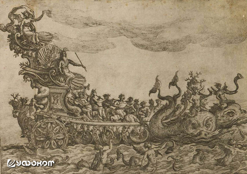 Богато украшенный мифологическими фигурами корабль. Спереди – два тритона, трубящие в рога, на спинах морских чудовищ. Гравюра Джулио Париджи.