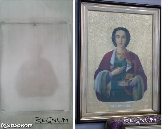 Отражение иконы Великомученика Пантелеймона на стене храма в г. Краснодаре. Фото: regnum.ru.