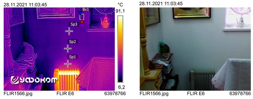 Действтие обогревателя, установленного под иконой, на стену. Bx1 (Макс. – 9,1 °С, Мин. – 8,7 °С, Средн. – 8,9 °С), Sp1 – 12,3 °С, Sp2 – 8,8 °С, Sp3 – 8,6 °С, коэффициент излучения – 0,95, отраж. темп. – 6 °С.