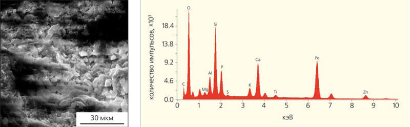Рис. 6. РЭМ-снимок мелкофракционных кристаллов (слева) и спектрограмма характеристических излучений (k-линии) химических элементов.