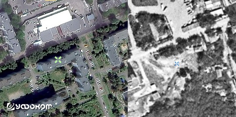 Слева фрагмент современной спутниковой карты, на котором изображен участок, расположенный по адресу ул. Хуторская, 5. Справа тот же участок на спутниковой карте 1984 года. Источник: www.etomesto.ru.