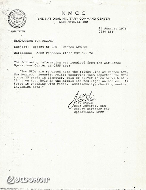 Документ из архива NMCC об инциденте на авиабазе Кэннон. (Рассекречено согласно FOIA).