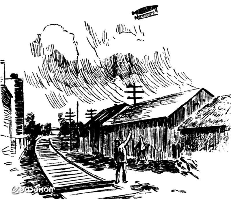Одна из самых известных иллюстраций времен волны сообщений о дирижаблях 1896–1897 годов, напечатанная в «The Chicago Times-Herald» от 12 апреля 1897 года.