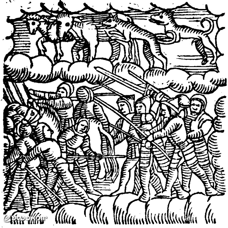 В 1453 году над Итальянскими Альпами в небе видели не только рыцарей и конницу, но и животных. Зрелище длилось три часа и с наступлением ночи постепенно исчезло [13].