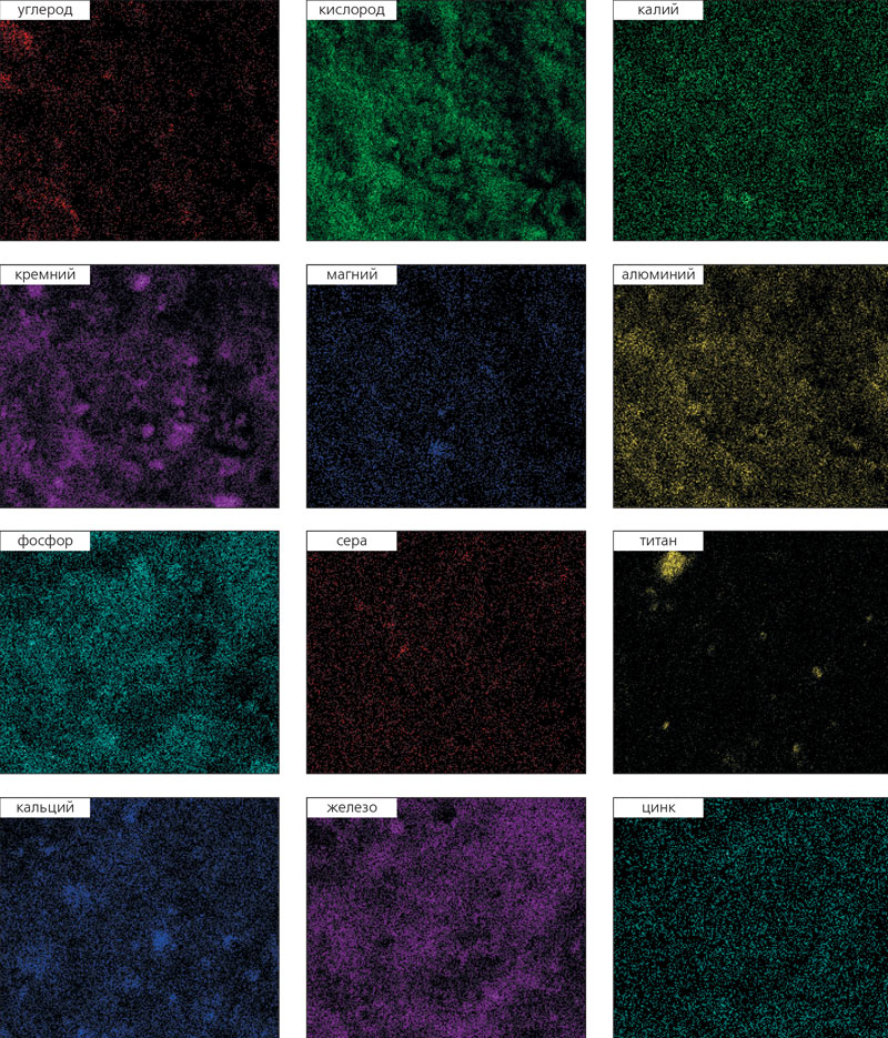 Рис. 7. Распределение химических элементов в скоплении мелкофракционных кристаллов.