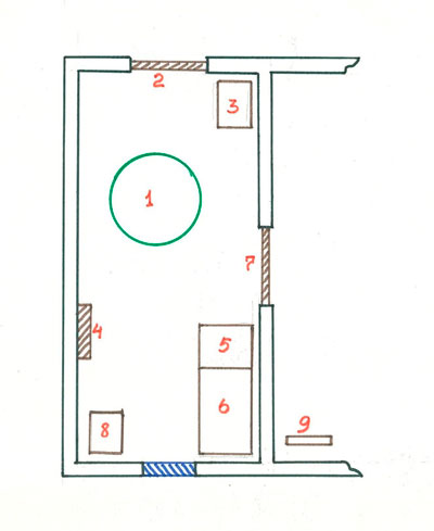 Схема комнаты, где произошли описываемые события. 1. Место открытия портала; 2 Забитая гвоздями дверь; 3. Тумбочка с краской; 4. Зеркало на стене; 5. Стол, на котором подписывалась бумага; 6. Диван; 7. Дверь в смежную комнату; 8. Телевизор; 9. Мольберт, г