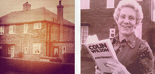 Реальный дом Причардов в Понтефракте и сама Джин Причард с книгой Колина Вилсона.