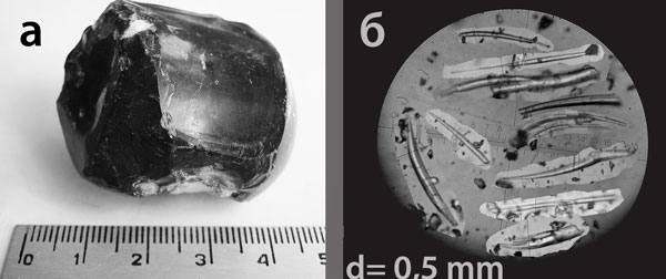 Рис. 4.  а – образец шатурита №2, б – выделенные из него стримергласы.