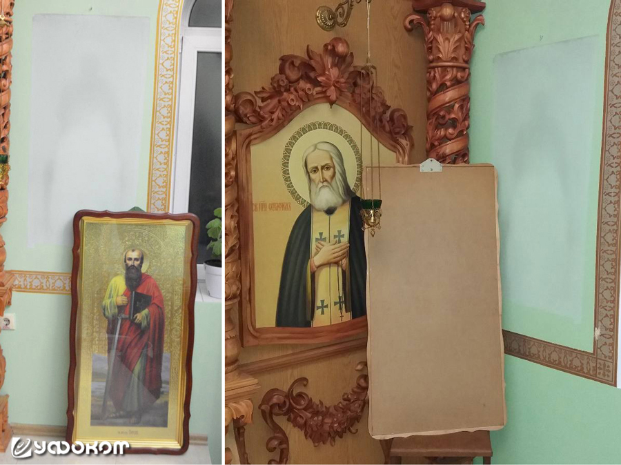 Одна из икон перенесшаяся на стену храма в г. Мелитополе (Украина). Обращает внимание наличие рядом с ней окна. На задней стенке из ДВП изображение никаких следов не оставило. Фото: hramzp.ua.