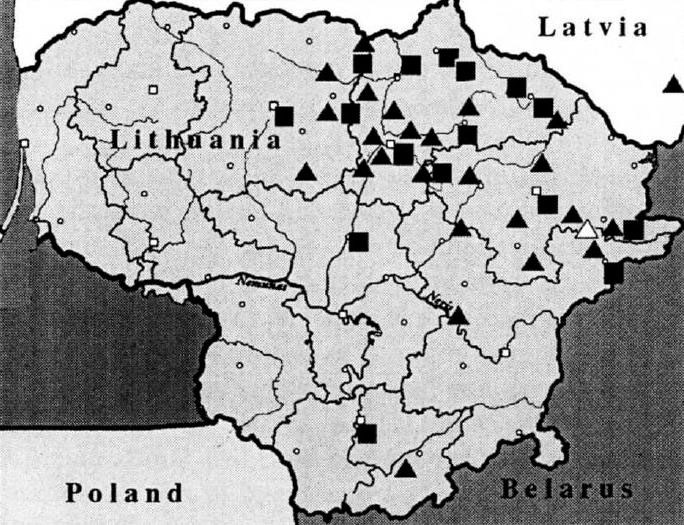 Рис. 2. Распространение песни «Иди, козел, принеси воды» и «козлиной церемонии». Квадратом отмечены места, где известна песня; треугольником отмечены места, где известна «козлиная церемония»