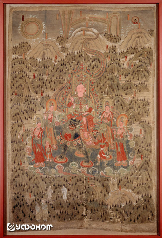 Чудеса Манджушри (изображен в центре) на Утайшане. Роспись по шелку Х в. В верхней части видны огненные шары, лучи и «золотой мост».