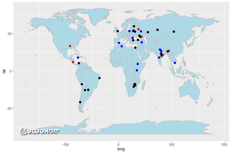Рис.1.2. Карта мировой активности полтергейста за период 2017–2019 годов.  (черный – 2017 год, синий – 2018 год, красный – 2019 год).