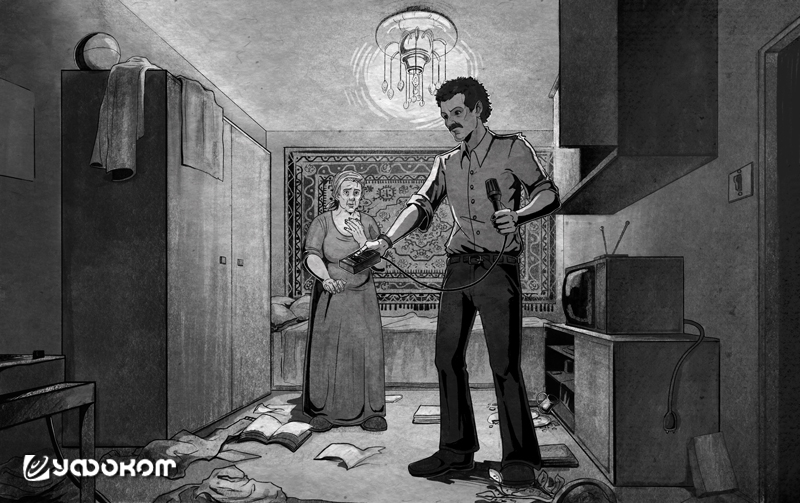 Рис. 3.2. Ф.Б. Бакшт во время записи голоса красноярского полтергейста. Рисунок-реконструкция Алины Мажариной, 2025 год.