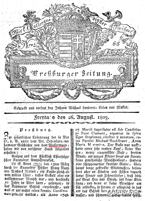Первая полоса газеты «Preßburger Zeitung» (1803, 26. Juli).