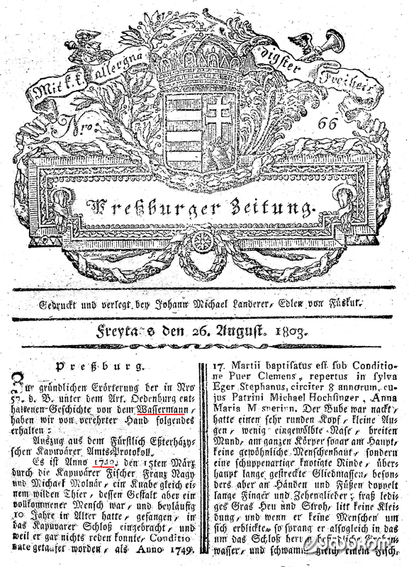 Первая полоса газеты «Preßburger Zeitung» (1803, 26. Juli). Первая полоса газеты «Preßburger Zeitung» (1803, 26. Juli).