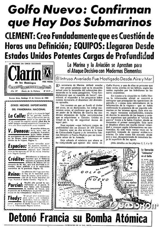 Сообщение о двух субмаринах на первой полосе «Clarin» от 14 февраля 1960 г. 