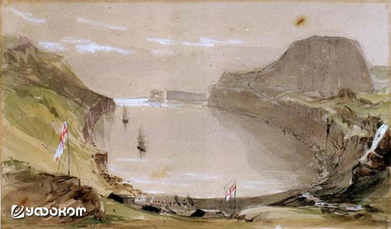 «Эребус» и «Террор» в бухте острова, который сейчас называется Гранд-Тер – «Большая Земля». Зарисовка участника экспедиции. 