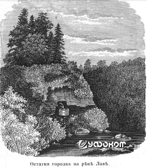 Рис. 15. Гравюра «остатки городка на реке Лаве» из книги Живописная Россия. 1881. Т. 1. Ч. 2. С. 783. Вид с противоположного берега реки Лава. На гравюре изображен грот с вытекающим из него источником. 