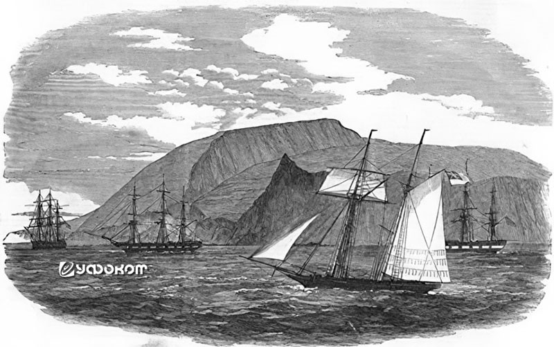 Один из островов Гуано (Чинча) в 1880-х годах. На переднем плане британская шхуна – виден флаг Blue Ensign, или "Синий Джек".