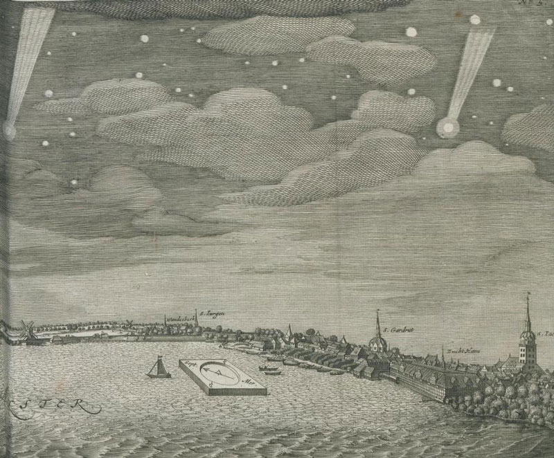 Рис. 3. Комета, которую Станислав Любенецкий наблюдал в Гамбурге. Гравюра из книги «Theatrum cometicum» (1665 г.).