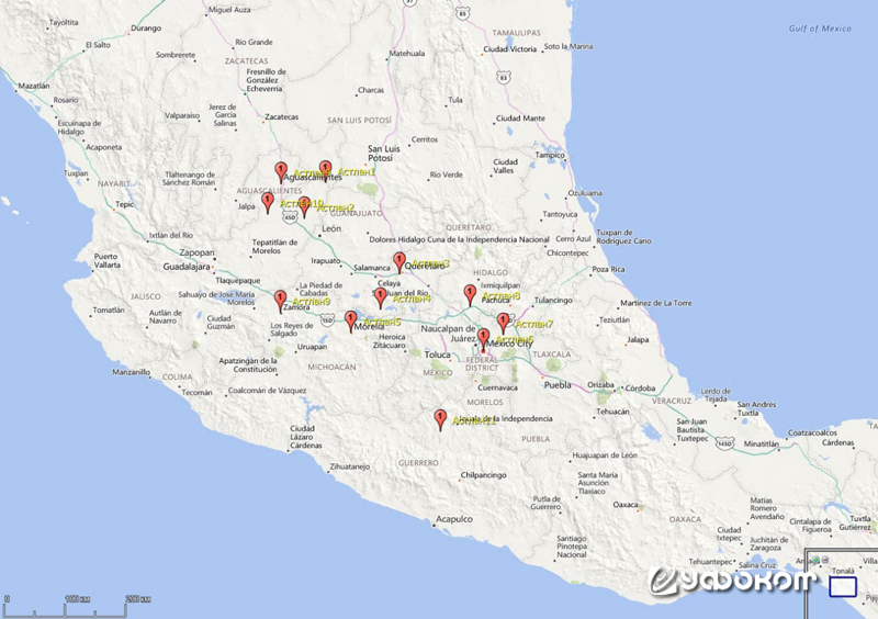 Карта Центральной Мексики с указанием мест, в которых автор посещал частные коллекции в ходе экспедиций 2018 года.