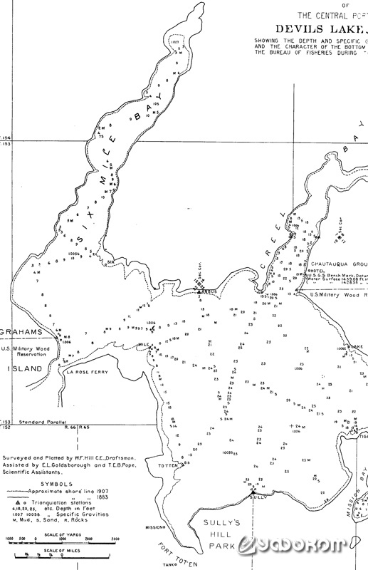 Фрагмент карты Девилс Лейк с промерами глубин, составленной в 1907 г. У. Ф. Хиллом.  Пунктирная линия – берег в 1907 году, сплошная – в 1883 году, до начала высыхания. 