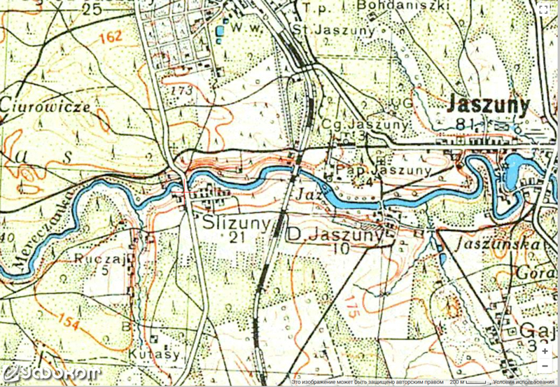 Слижуны и река Меречанка на однокилометровых польских картах 1920–1930 годов, д. Дубье не указана.