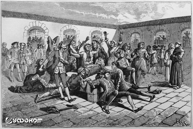 Массовый психоз на кладбище Сен-Медар. Гравюра XIX века. 