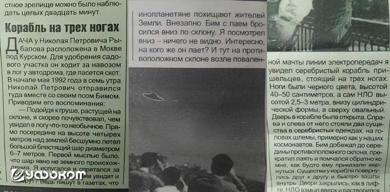 Рассказ о наблюдении Н. П. Рыбаловым посадки НЛО, опубликованный в местной курской газете [7].