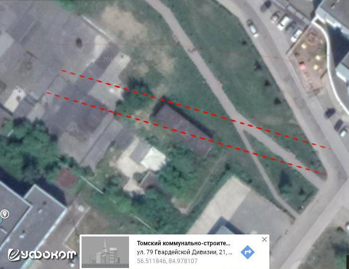 Рис. 15. Распределительная подстанция «Каштак» в Томске, откуда исчезли 60 плавких предохранителей, располагается на проекции линейного геологического разлома. Его границы отмечены красным пунктиром.