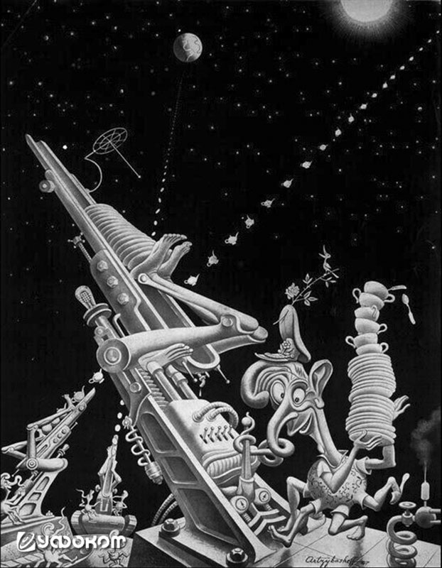 Марс посылает «тарелки» на Землю. (Карикатура в журнале «Life», July 21, 1947). Марс посылает «тарелки» на Землю. (Карикатура в журнале «Life», July 21, 1947).