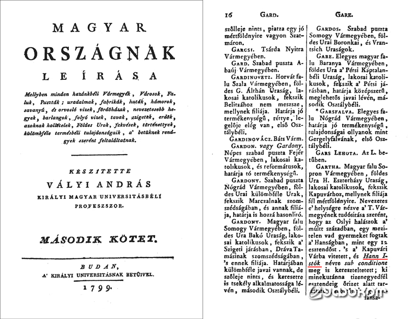 Титульный лист и страница из книги А. Вайи «Описание Венгрии» (1799 г.).