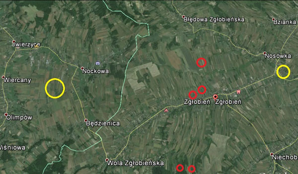 Карта местности. Красным цветом отмечены места, где наблюдались НЛО либо иные явления в районе Зглобни. Желтым цветом указаны упомянутые выше места близких контактов в Ноцковой и Носувке.