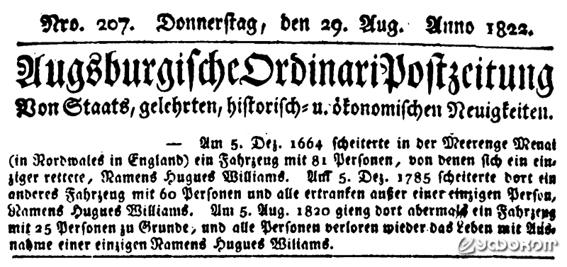 Заметка в газете "Augsburgische Ordinari Postzeitung" (August 29, 1822, p. 4).