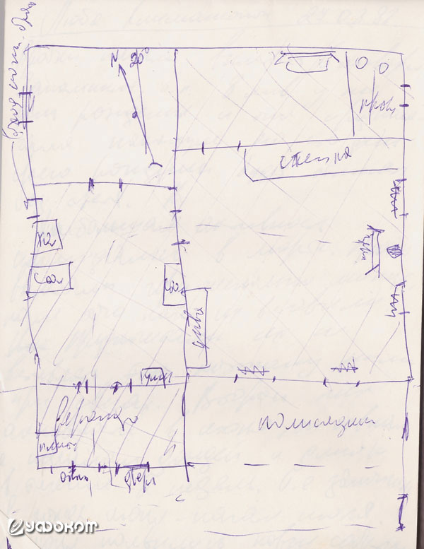Из полевого блокнота исследовательницы. Зарисовка схемы квартиры в Борисове, где происходил полтергейст.