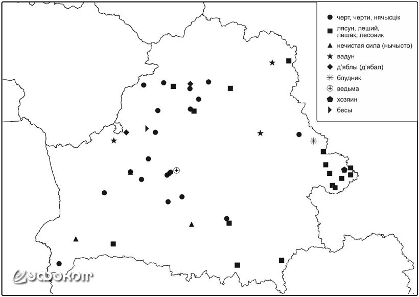 Рис. 6. Распределение упоминаний о персонажах, ответственных за блуждания, по территории Беларуси (на основании записей из экспедиций проекта «Уфоком», а также исторических и фольклорных архивов Республики Беларусь).