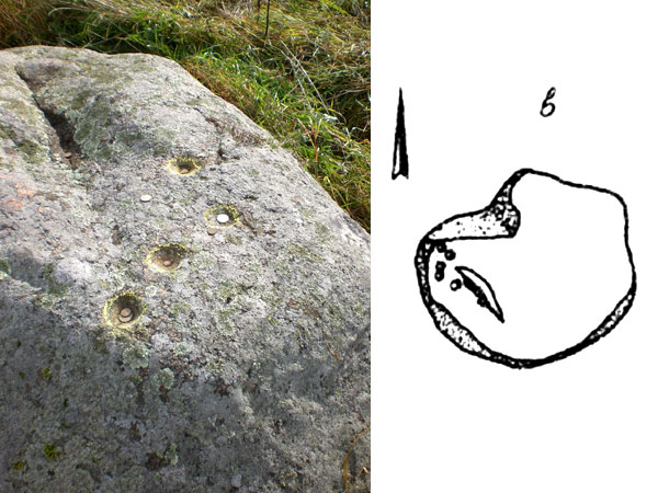 Рис. 20. Слева: 4 найденные нами на камне лунки (фото В. Акулов, 2012). Справа: схема культового камня № 4 (по А.В. Курбатову).