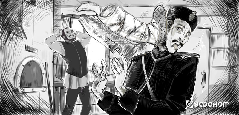 Рис. 3.3. «А потом, когда приехал становой пристав обследовать это дело, то дух опять-таки грязными онучами его угостил». Рисунок Анны Култиной, 2020 год. Рис. 3.3. «А потом, когда приехал становой пристав обследовать это дело, то дух опять-таки грязными онучами его угостил». Рисунок Анны Култиной, 2020 год.