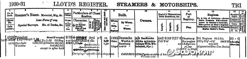 Запись о теплоходе "Tricolor" в регистре Ллойда за 1930–1931 годы с пометкой  "Затонул после взрыва в январе 1931 года".
