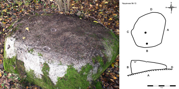 Рис. 25. Камень 11 (фото В. Акулов, 2012) и его схема, составленная Д. Курдюковой.