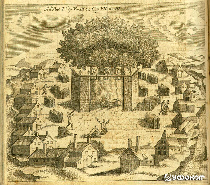 Изображение балтского капища Ромува, основанного в 523 году. Изображение из книги К. Хартноха «Старая и новая Пруссия», 1684 год.