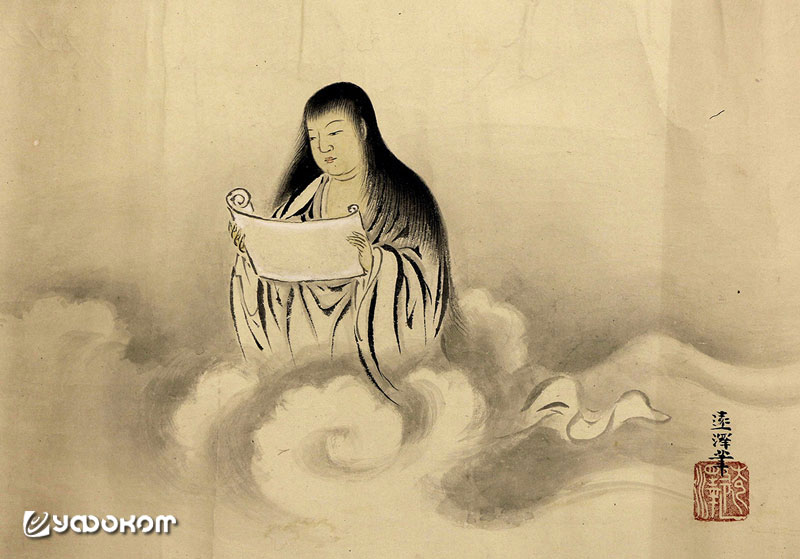 Манджушри со свитком в облаках. Рисунок Като Энтаку (1643–1730). 